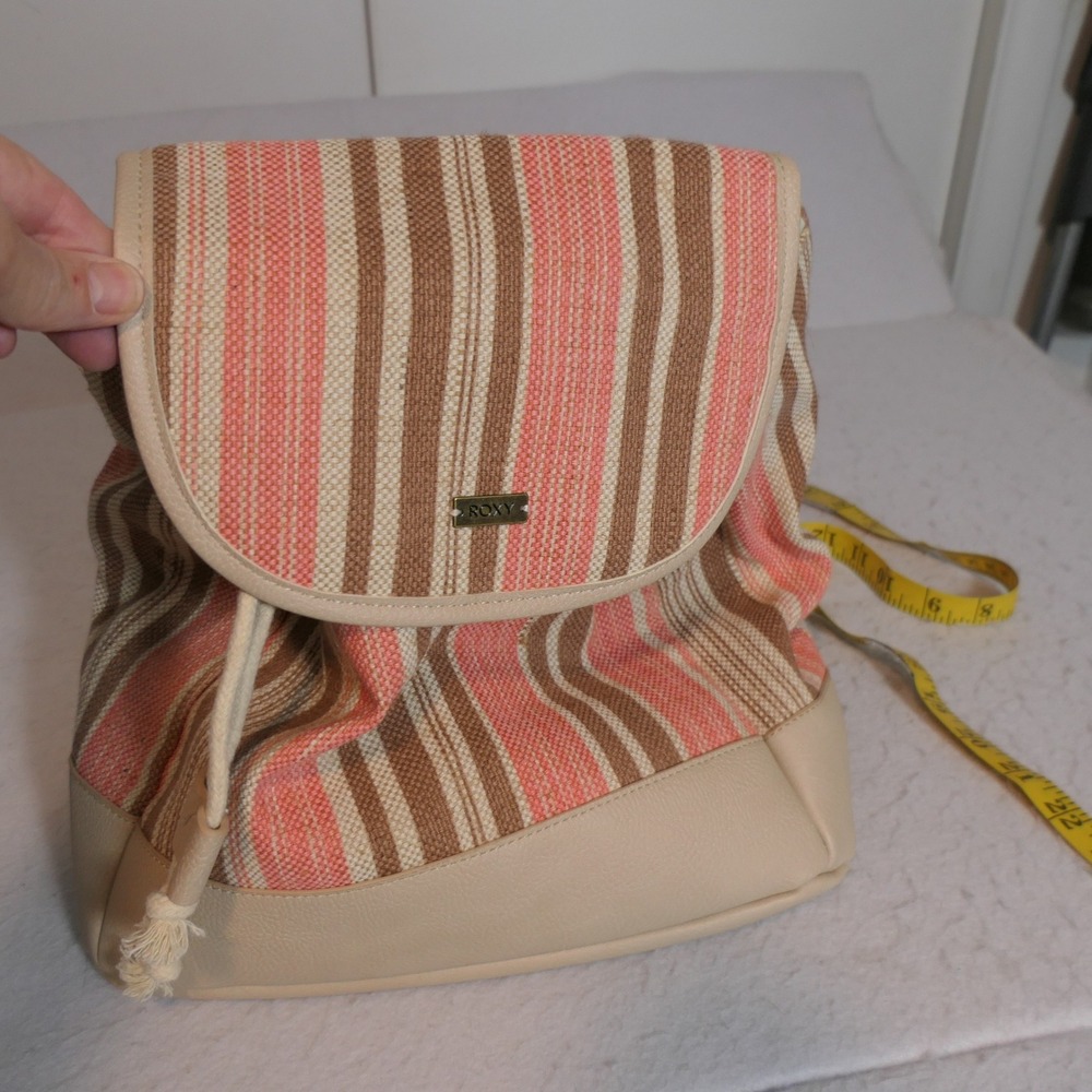 Roxy Womens Woven Backpack M Pink Tan Striped Boho Beachy Surf Coastal Travel